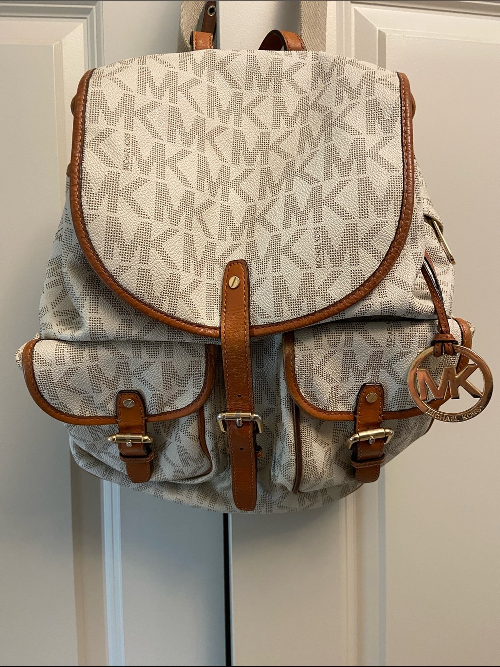Michael Kors Beige and Brown Logo Canvas Backpack